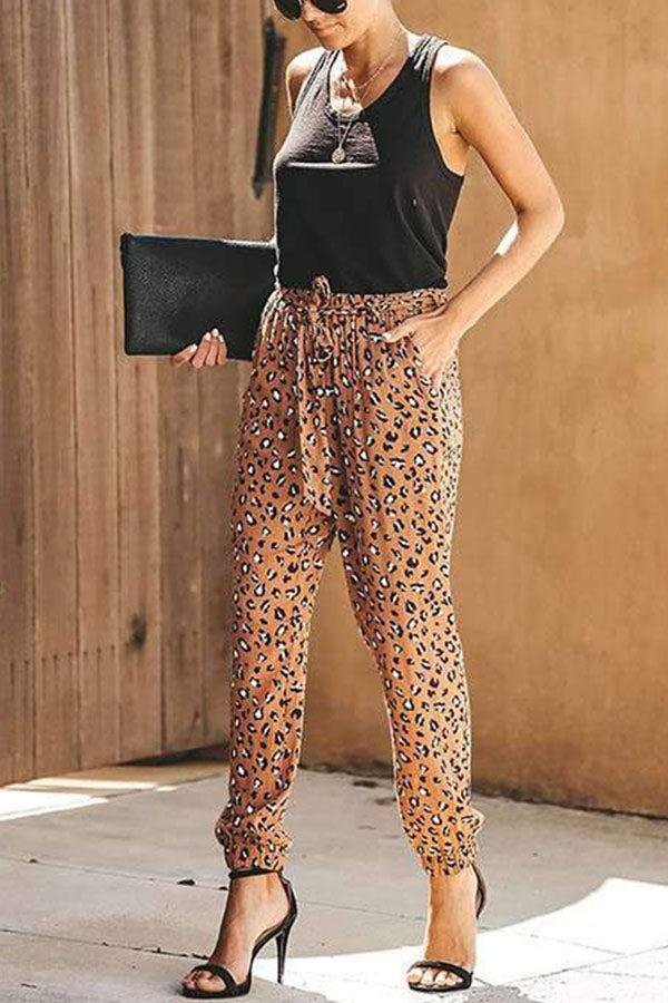 WOMEN CASUAL LEOPARD PRINT HIGH WAIST LOOSE HAREM PANTS