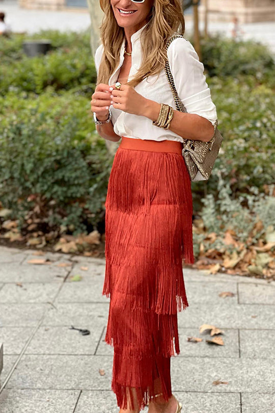 Fancy Rodeo Tiered Fringe High Waist Midi Skirt