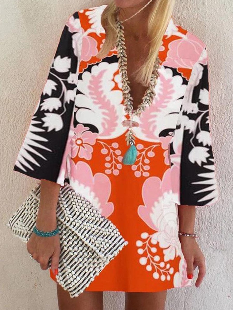 V-neck Long Sleeve Boho Print Mini Dress