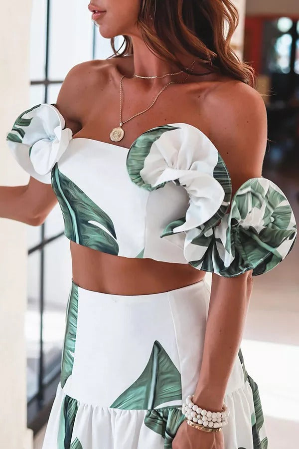 The Alessia Palm Ruffle Crop Top Maxi Skirt Suits