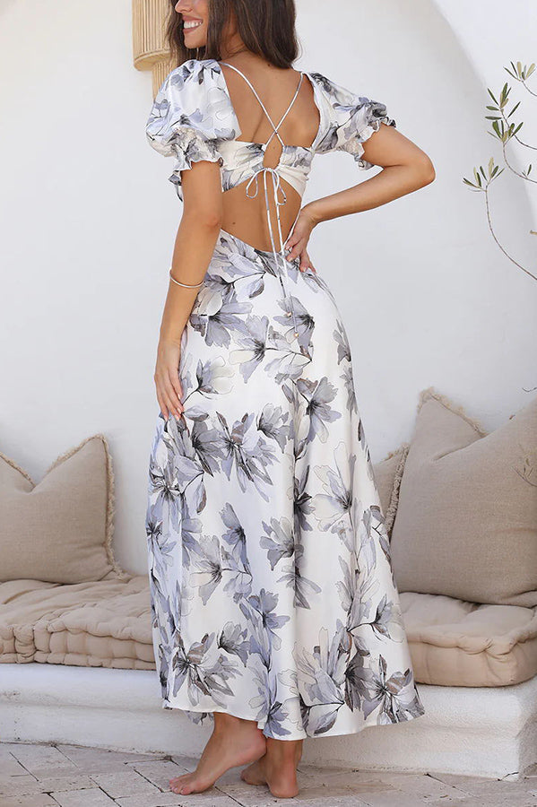 Seaside Space Floral Satin Open Back Crossover Straps Maxi Dress