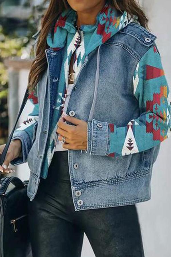 Tribal Print Denim Patchwork Hooded Jacket