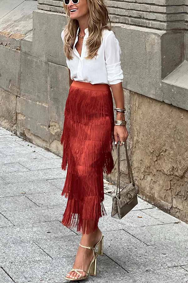 Fancy Rodeo Tiered Fringe High Waist Midi Skirt