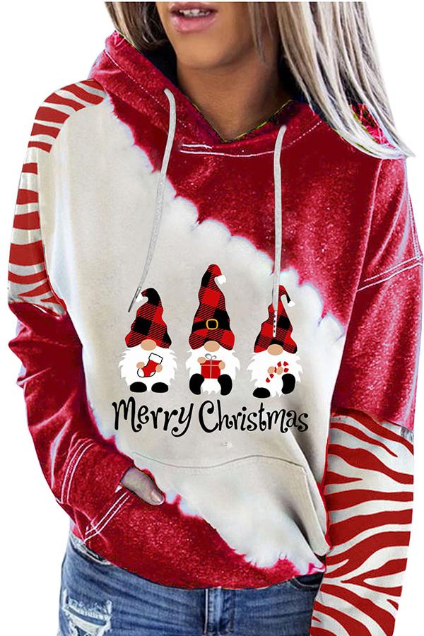 Santa Claus Print Color Block Hoodie  （Red）