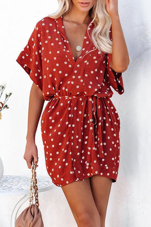 Polka Dot V-Neck Loose Lace-Up Simple Short Sleeve Mini Dress