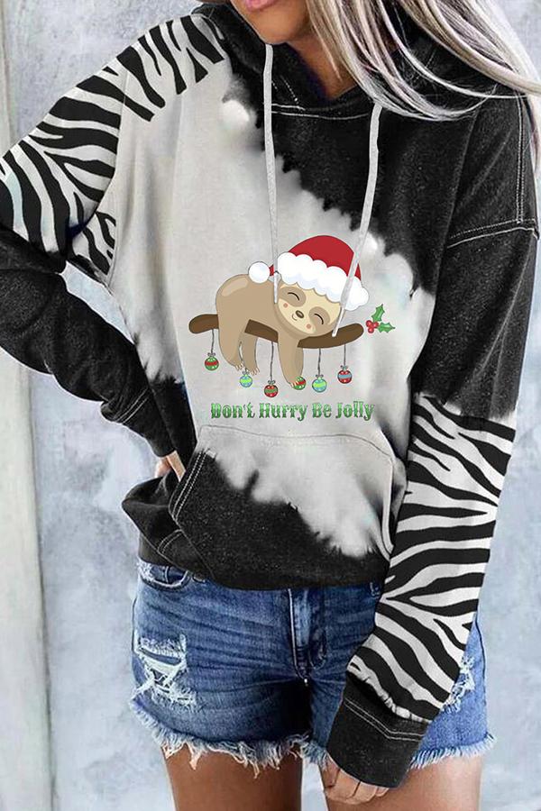 Santa Claus Print Color Block Hoodie  （Black）