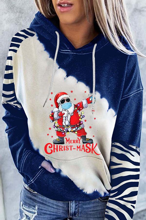 Santa Claus Print Color Block Hoodie  （Blue )