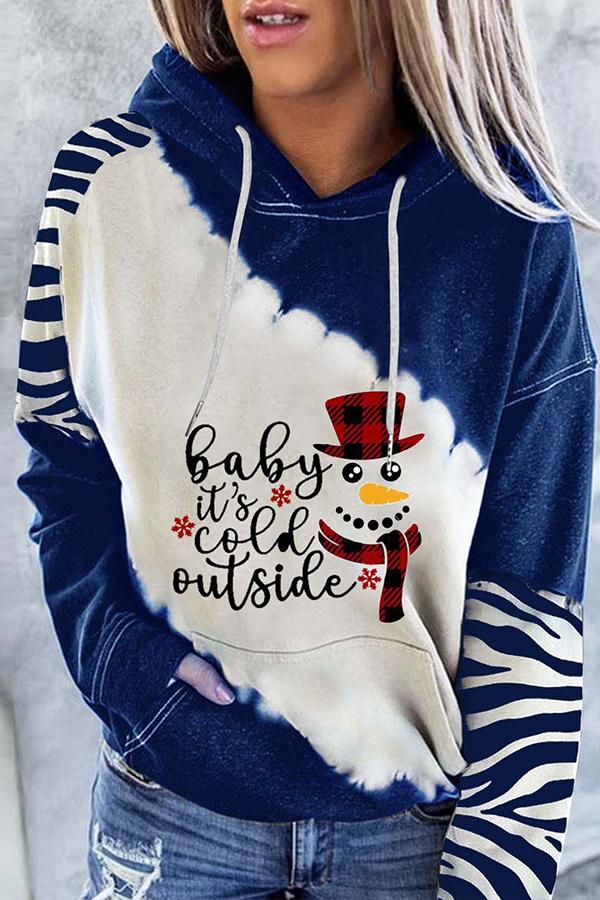 Santa Claus Print Color Block Hoodie  （Blue )