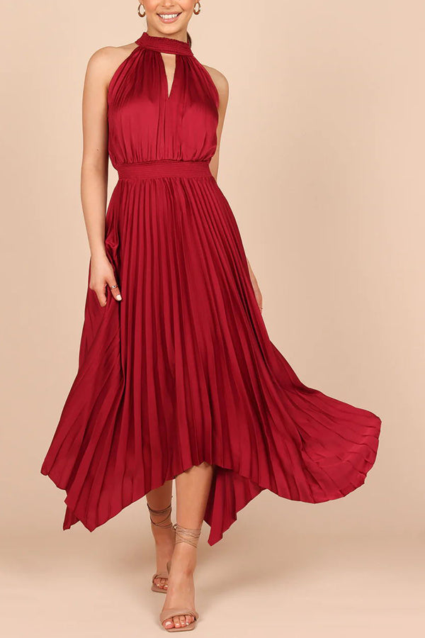 Luxe Look Satin Pleated Halter Elastic Waist Midi Dress