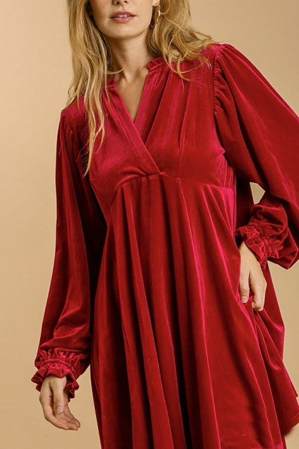 Umgee Velvet Dress with Puff Sleeves and Split Neckline in  Velvet